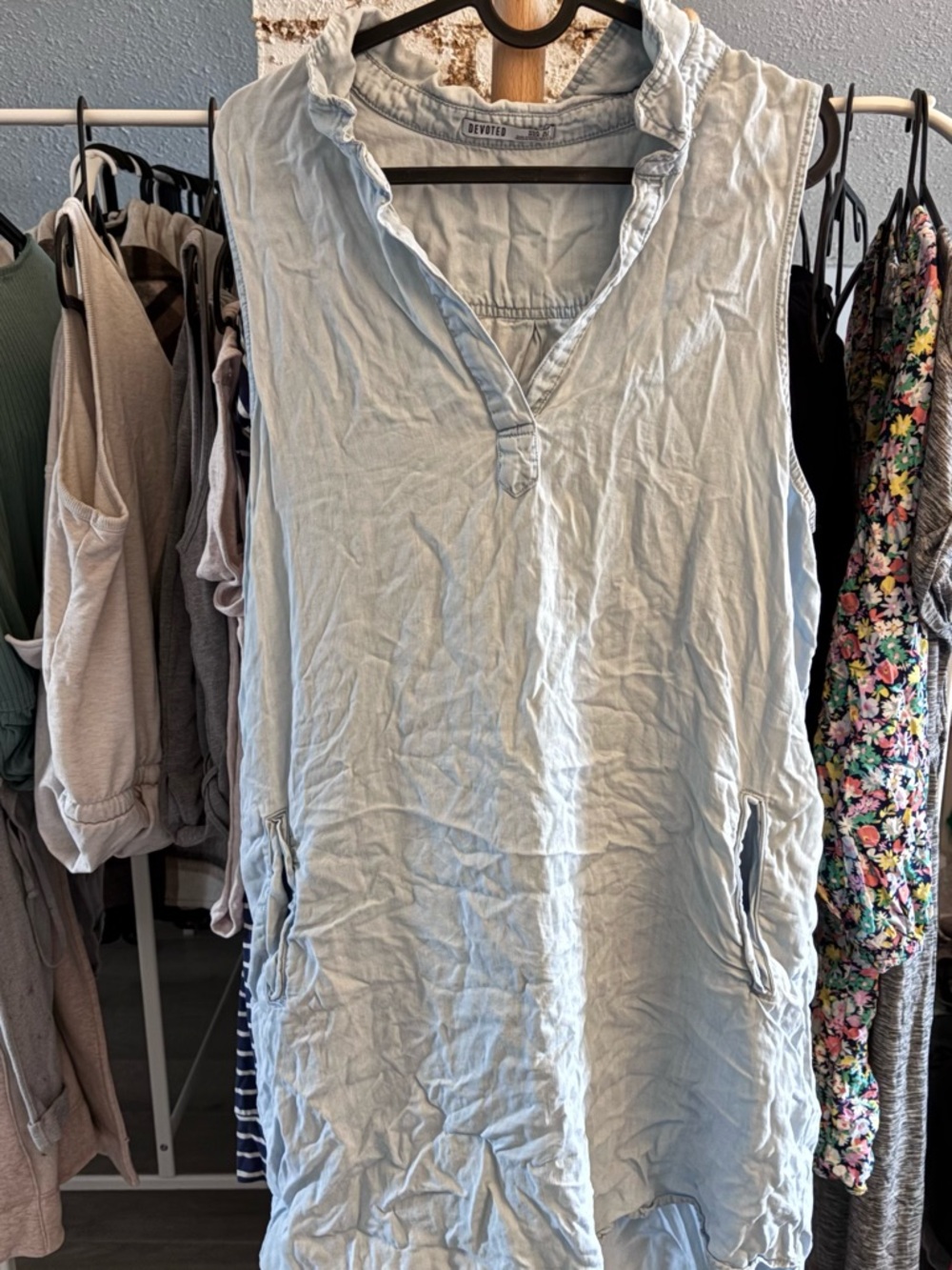 Devoted Light Blue Sleeveless Tunic Dress with Ruffle Neck